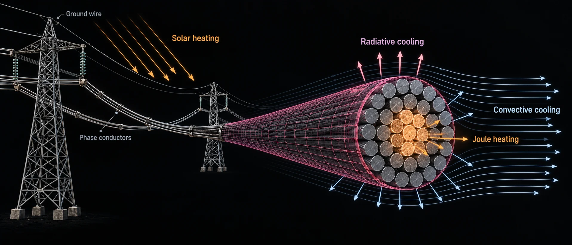 Illustration of the conductor heat balance: a transmission tower with its ground wire and phase conductors on the left, the line sagging to a second tower and sweeping toward the viewer, cut open to show the stranded core. Four labelled flows: solar heating and joule heating warming it, convective cooling and radiative cooling taking heat away.