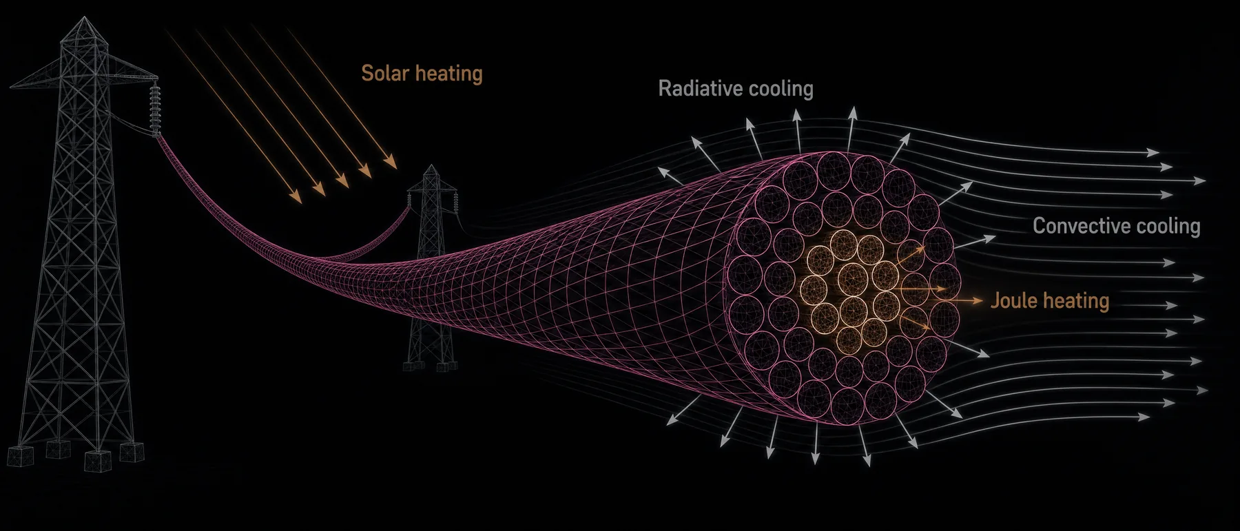 Wireframe infographic of the conductor heat balance: the line leaves the insulator on the left tower, sags to a second tower and sweeps toward the viewer, cut open to show the stranded core. Four labelled flows - solar heating and joule heating warming it, convective cooling and radiative cooling taking heat away