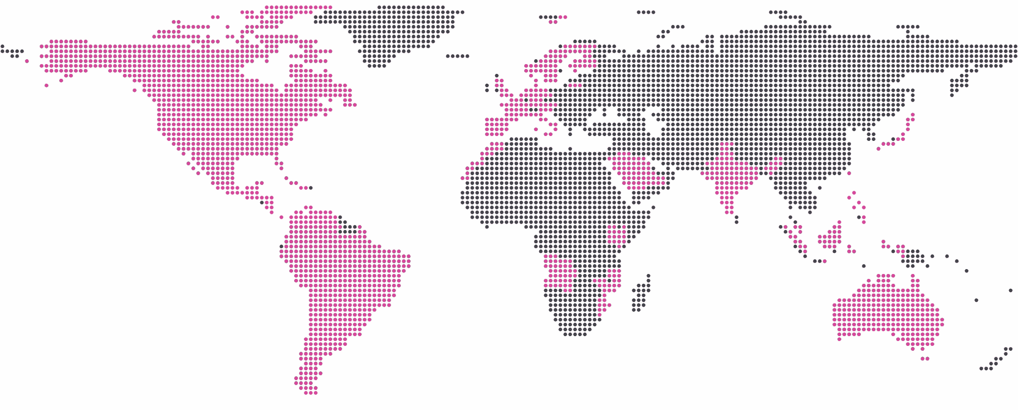 World map with the fifty countries where Enline operates highlighted: twenty-three in Americas, fourteen in Europe, four in Africa, eight in Asia, one in Oceania.