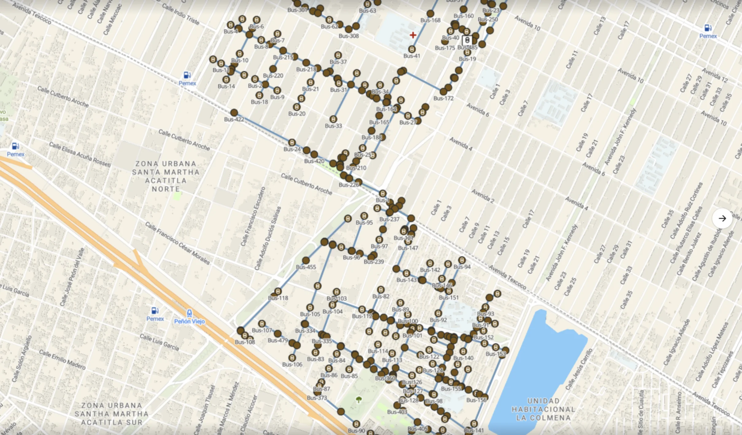 A distribution network as GridSight models it: hundreds of buses, each drawn in its real position over the street layout it serves, with the branches that connect them fanning out from the feeder