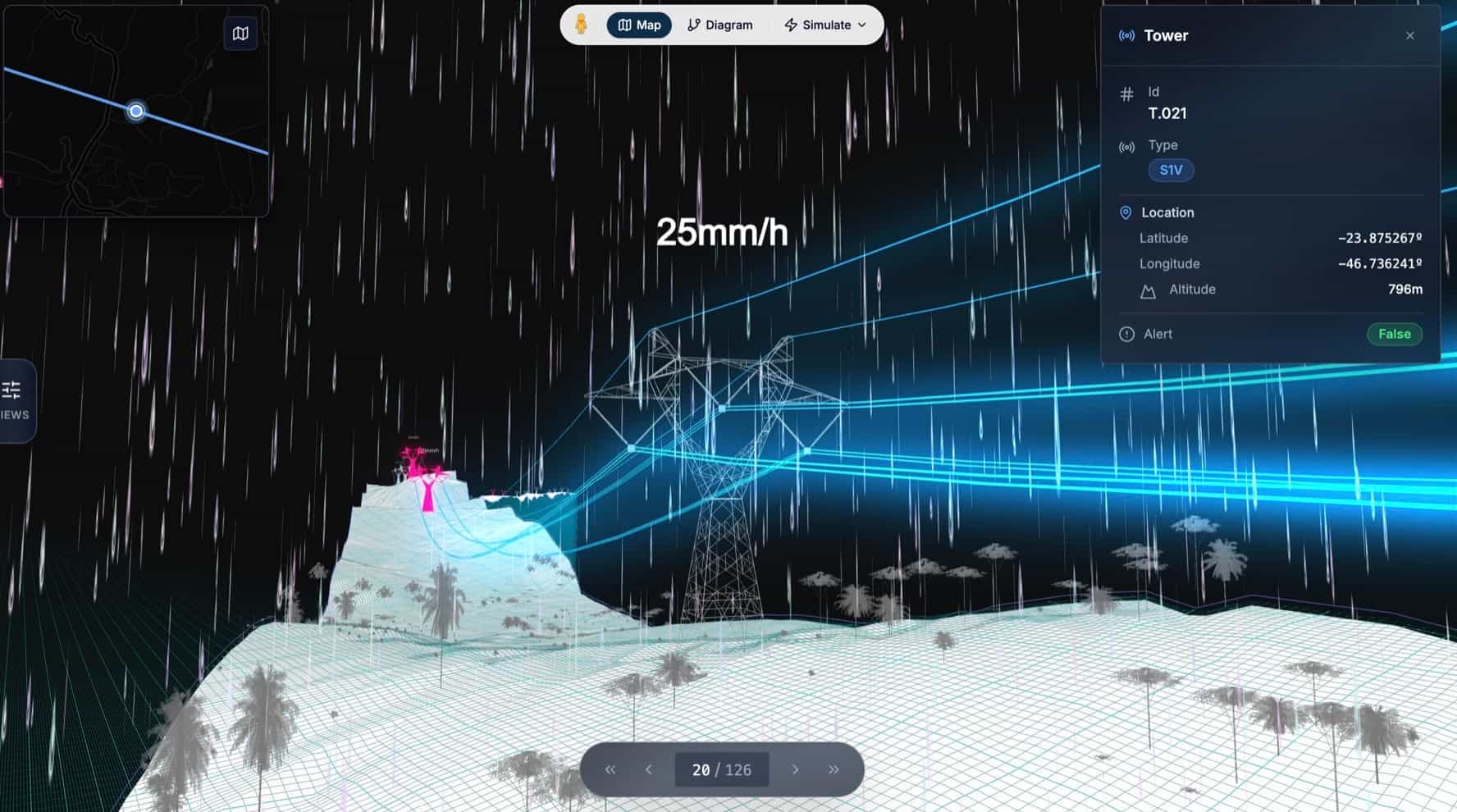 The corridor under a simulated 25 mm/h rainfall, one of the weather scenarios the model runs against the same span